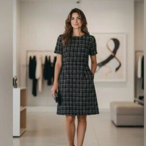 ON 34th Black Gold Plaid Tweed Dress Size 10 | Thick Fabric w/ Pockets